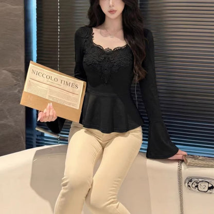 Flowing Flare-Sleeve Lace-Trimmed Blouse