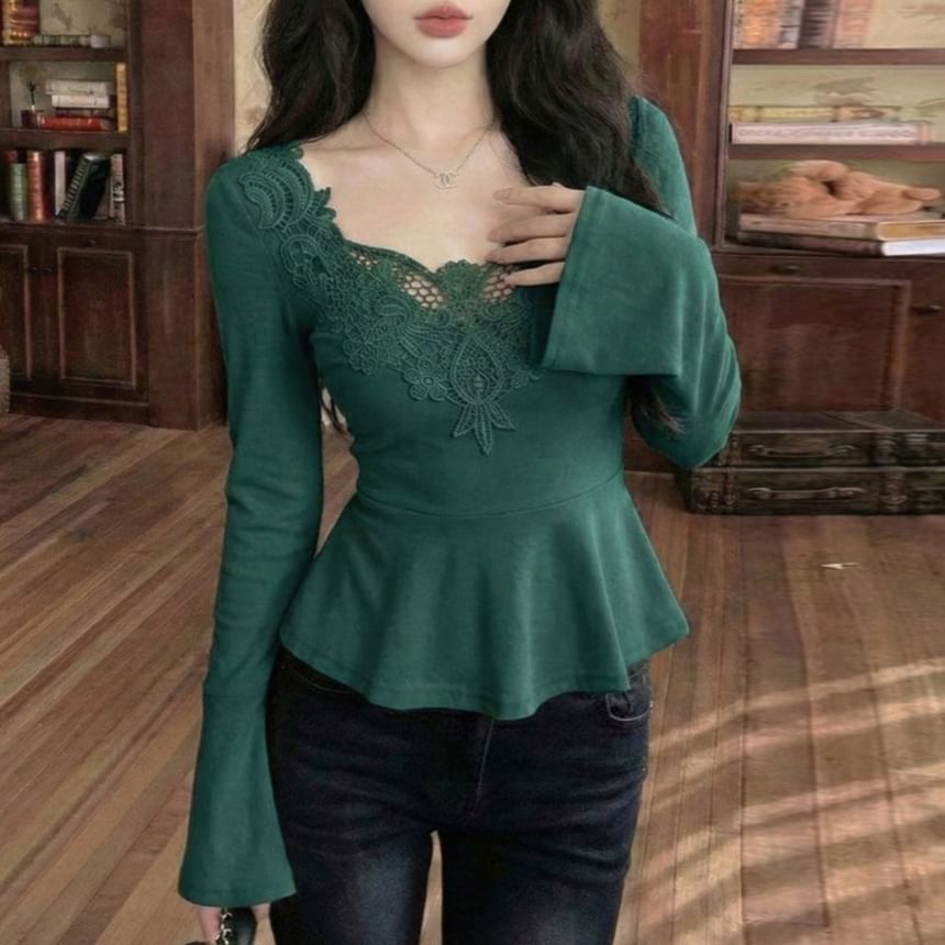 Flowing Flare-Sleeve Lace-Trimmed Blouse