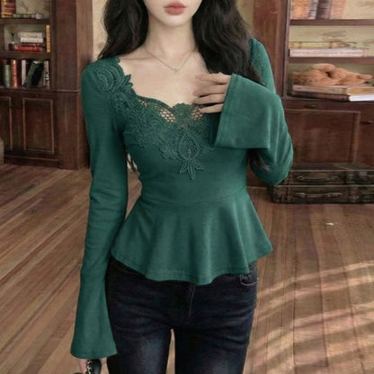 Flowing Flare-Sleeve Lace-Trimmed Blouse