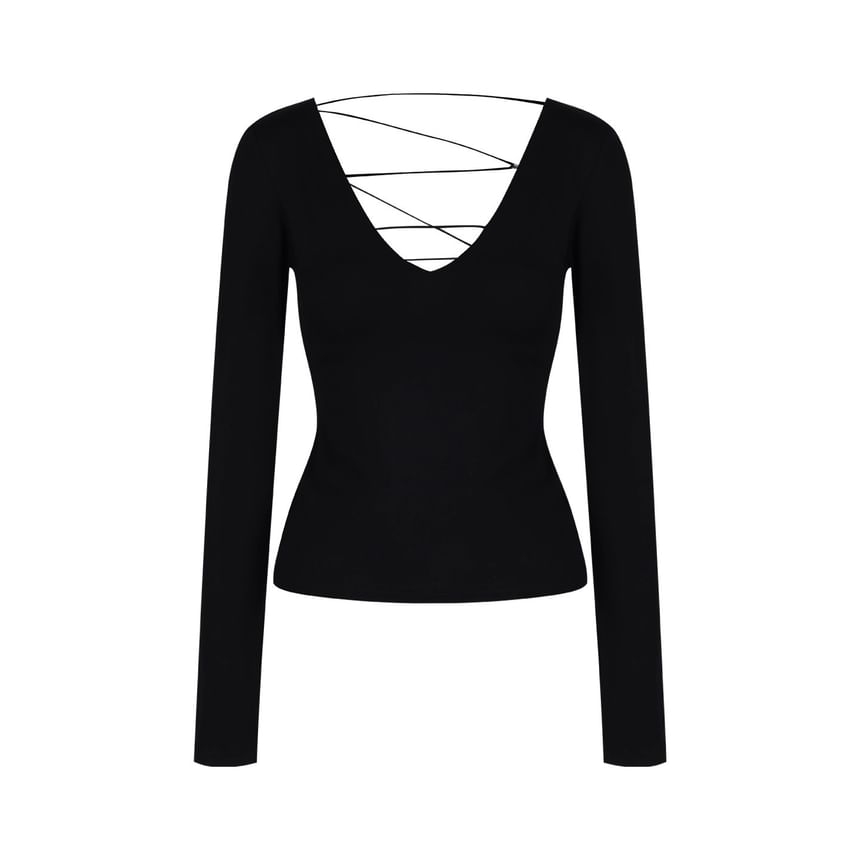 Lace Trim Open Back Long-Sleeve Plain Top