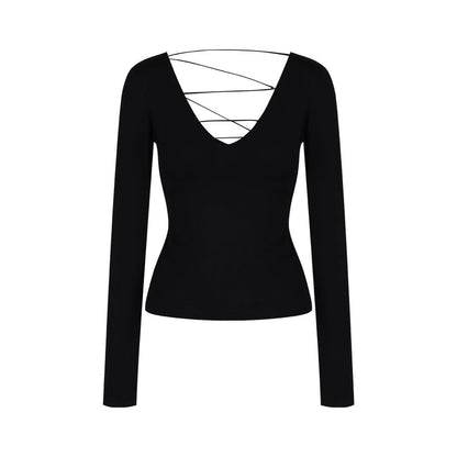 Lace Trim Open Back Long-Sleeve Plain Top