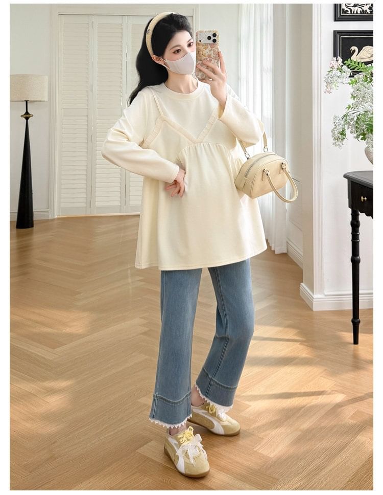Maternity Mock Two-Piece Round-Neck Long-Sleeve Top