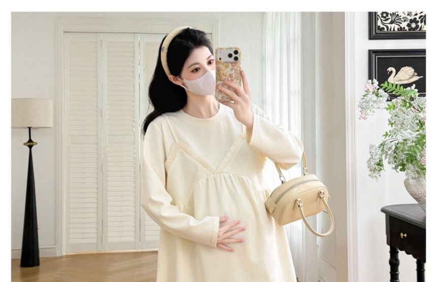 Maternity Mock Two-Piece Round-Neck Long-Sleeve Top