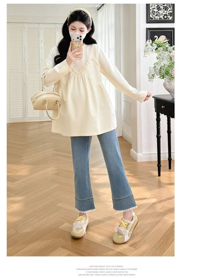 Maternity Mock Two-Piece Round-Neck Long-Sleeve Top
