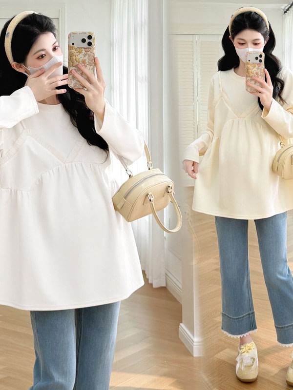 Maternity Mock Two-Piece Round-Neck Long-Sleeve Top