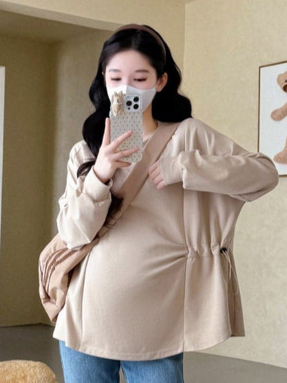 Maternity Drawstring Round-Neck Long-Sleeve Top