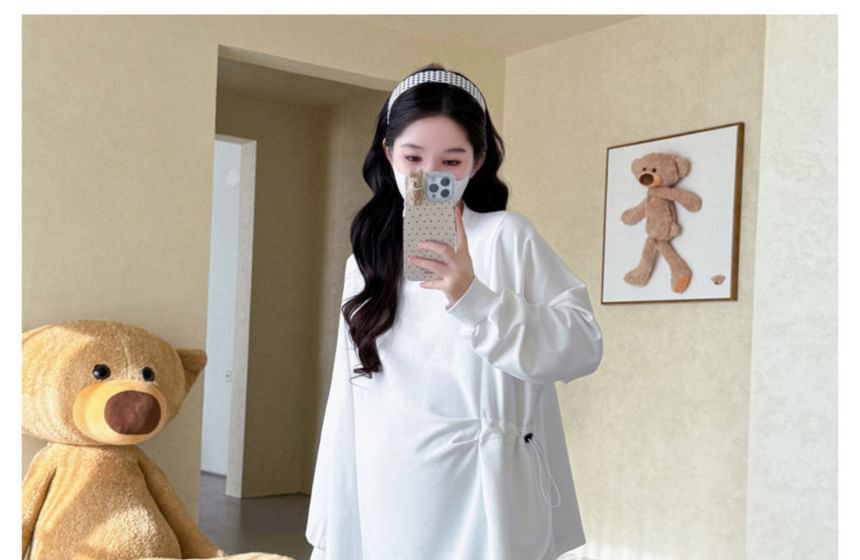 Maternity Drawstring Round-Neck Long-Sleeve Top