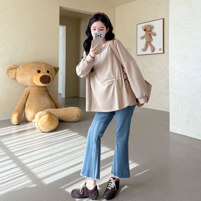 Maternity Drawstring Round-Neck Long-Sleeve Top