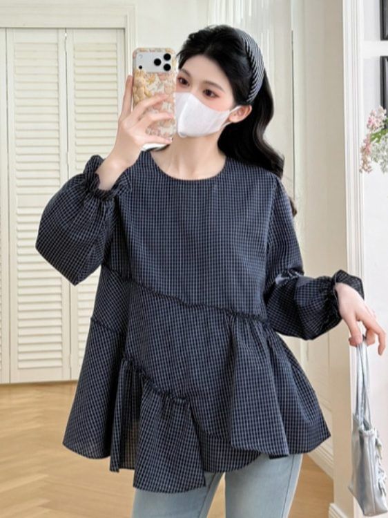 Maternity Plaid-Panel Asymmetrical Long-Sleeve Top