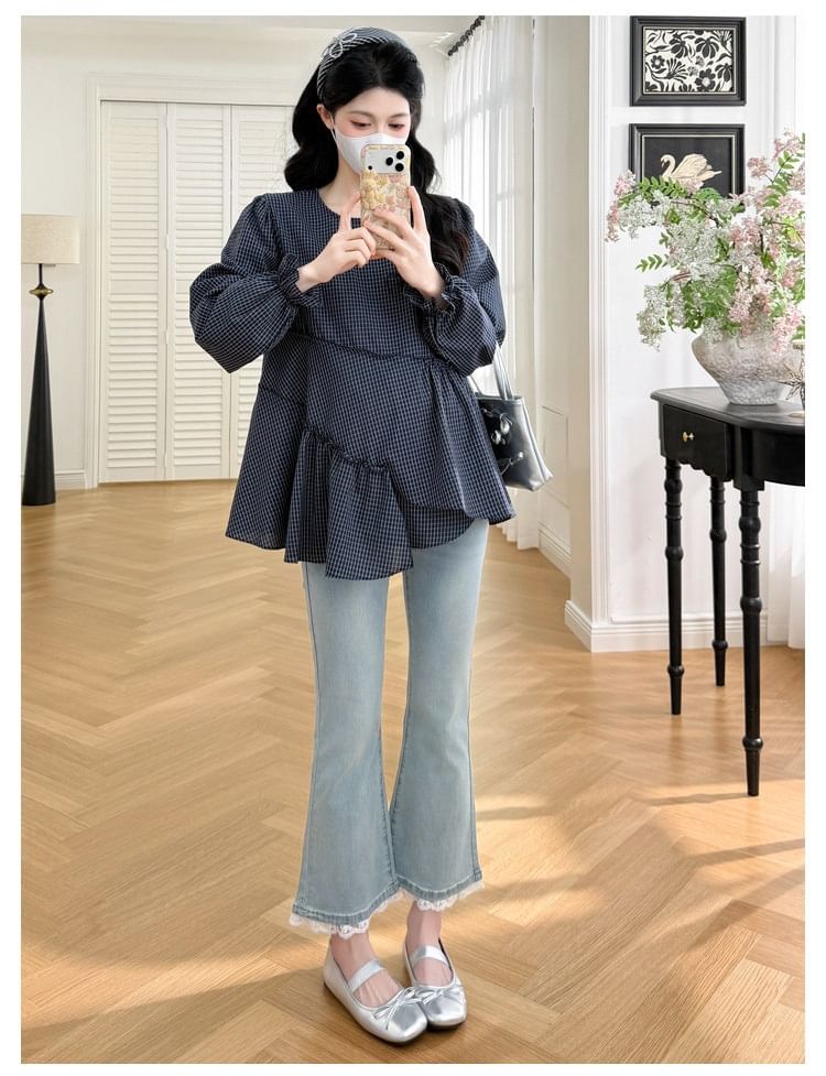 Maternity Plaid-Panel Asymmetrical Long-Sleeve Top