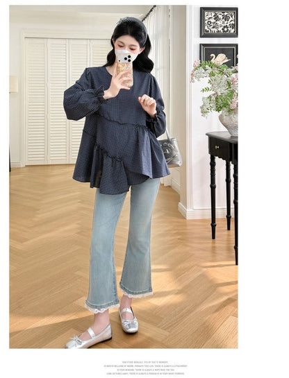 Maternity Plaid-Panel Asymmetrical Long-Sleeve Top