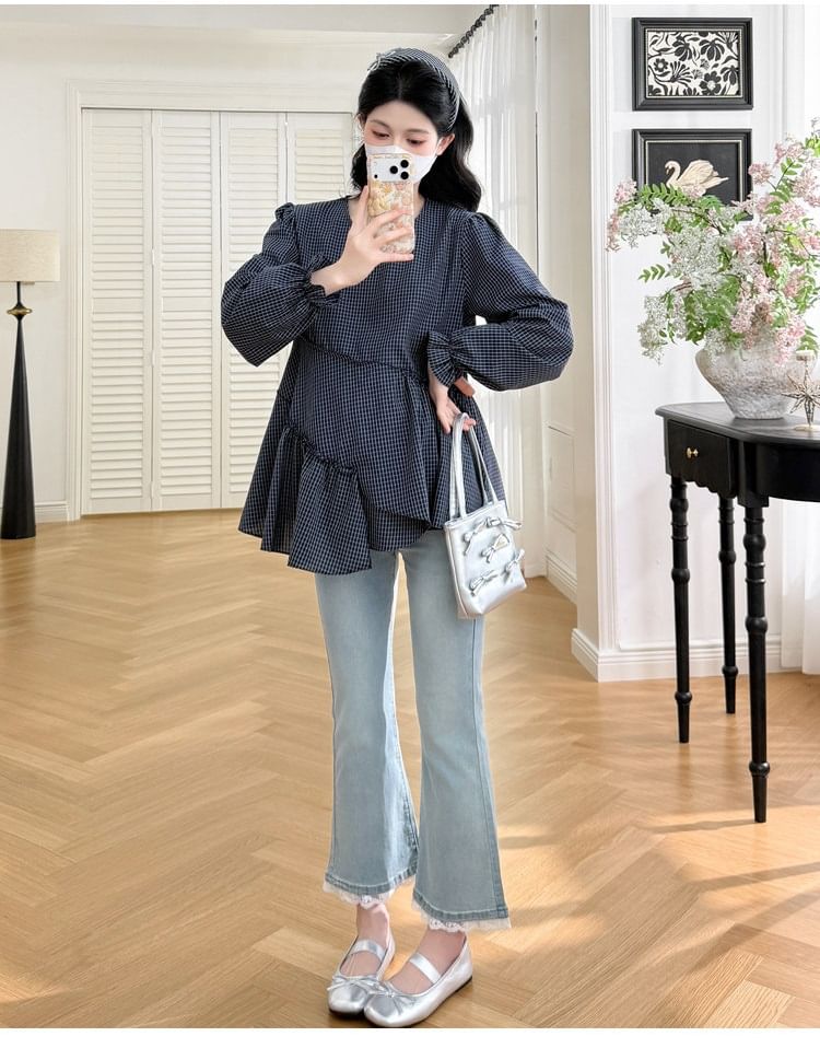 Maternity Plaid-Panel Asymmetrical Long-Sleeve Top
