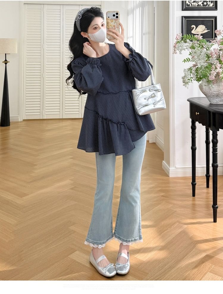 Maternity Plaid-Panel Asymmetrical Long-Sleeve Top
