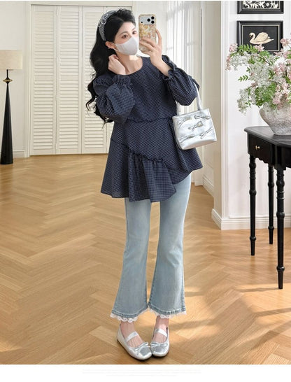 Maternity Plaid-Panel Asymmetrical Long-Sleeve Top
