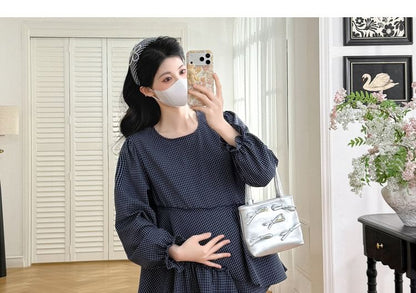 Maternity Plaid-Panel Asymmetrical Long-Sleeve Top