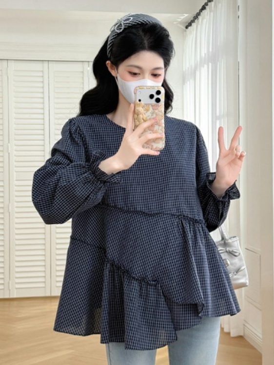 Maternity Plaid-Panel Asymmetrical Long-Sleeve Top