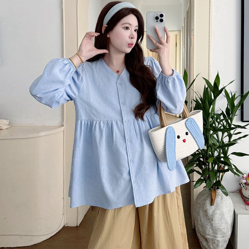 Maternity Gathered V-Neck Long-Sleeve Blouse