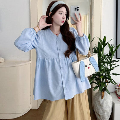 Maternity Gathered V-Neck Long-Sleeve Blouse