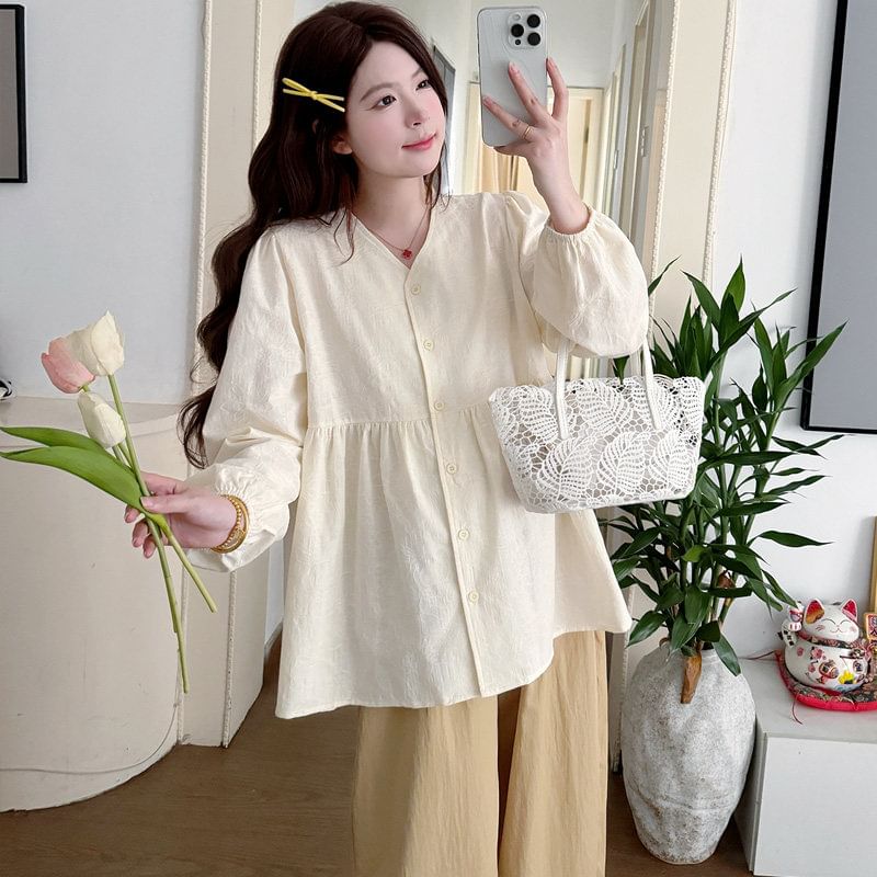 Maternity Gathered V-Neck Long-Sleeve Blouse