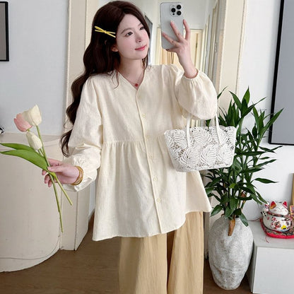 Maternity Gathered V-Neck Long-Sleeve Blouse