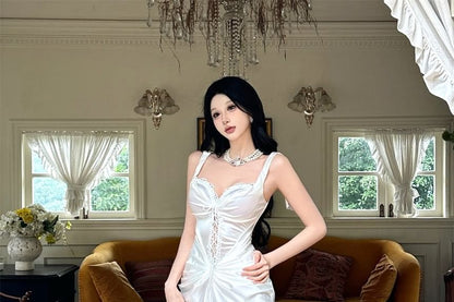 Spaghetti Strap Sweetheart Neck Plain Lace Trim Sheath Evening Gown