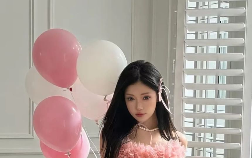 Set: Strapless Flower Detail Mini A-Line Party Dress + Plain Shorts