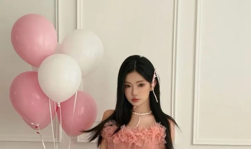 Set: Strapless Flower Detail Mini A-Line Party Dress + Plain Shorts