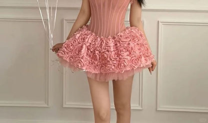 Set: Strapless Flower Detail Mini A-Line Party Dress + Plain Shorts