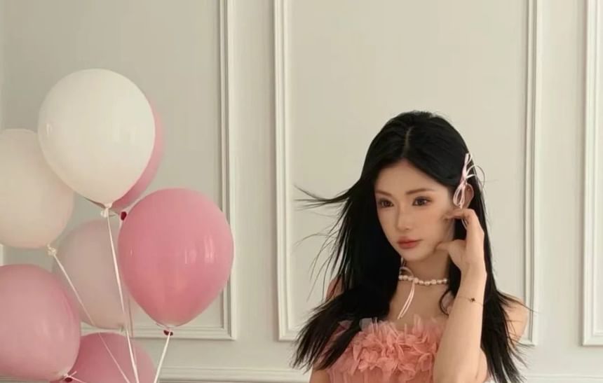 Set: Strapless Flower Detail Mini A-Line Party Dress + Plain Shorts