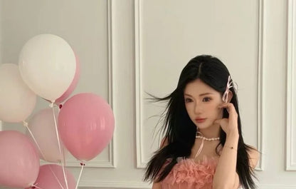 Set: Strapless Flower Detail Mini A-Line Party Dress + Plain Shorts