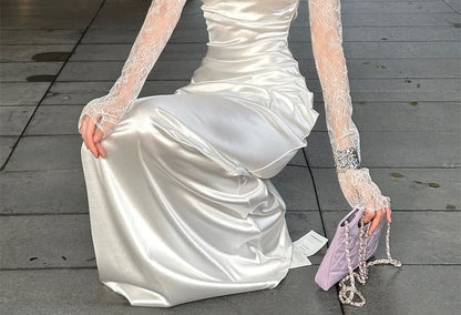Off Shoulder Lace Panel Ruched Sheath Wedding Gown