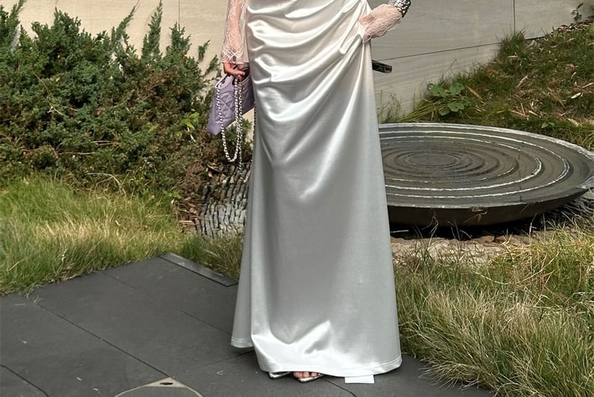 Off Shoulder Lace Panel Ruched Sheath Wedding Gown