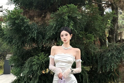 Off Shoulder Lace Panel Ruched Sheath Wedding Gown