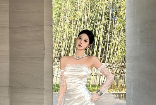 Off Shoulder Lace Panel Ruched Sheath Wedding Gown