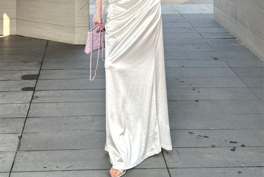 Off Shoulder Lace Panel Ruched Sheath Wedding Gown