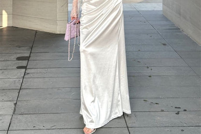 Off Shoulder Lace Panel Ruched Sheath Wedding Gown