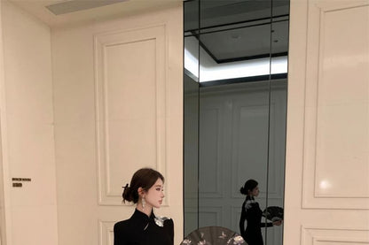 Long-Sleeve Stand Collar Floral Embroidered Slit Midi Sheath Qipao