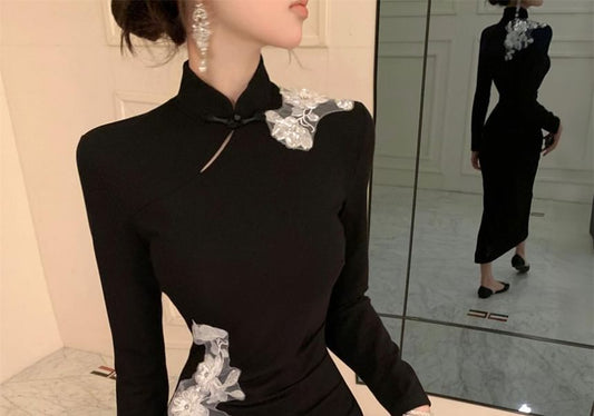 Long-Sleeve Stand Collar Floral Embroidered Slit Midi Sheath Qipao