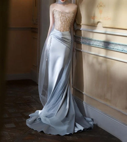 Strapless Lace Panel Shirred A-Line Satin Evening Gown