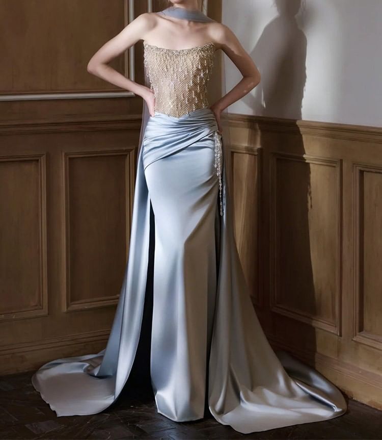 Strapless Lace Panel Shirred A-Line Satin Evening Gown