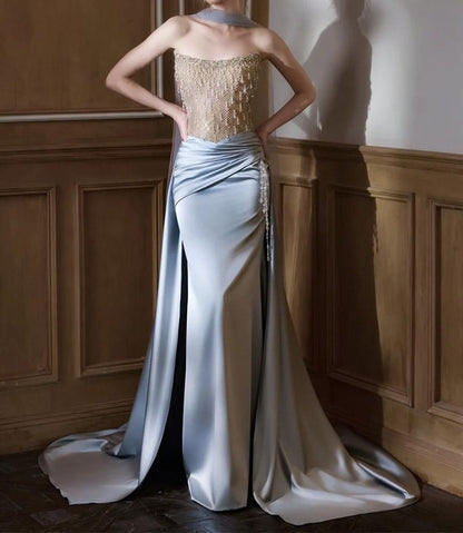 Strapless Lace Panel Shirred A-Line Satin Evening Gown