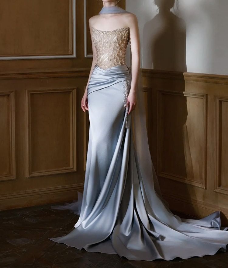 Strapless Lace Panel Shirred A-Line Satin Evening Gown