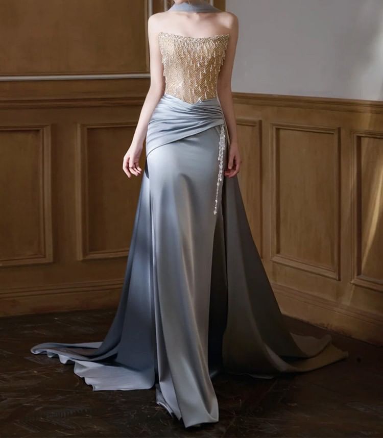 Strapless Lace Panel Shirred A-Line Satin Evening Gown