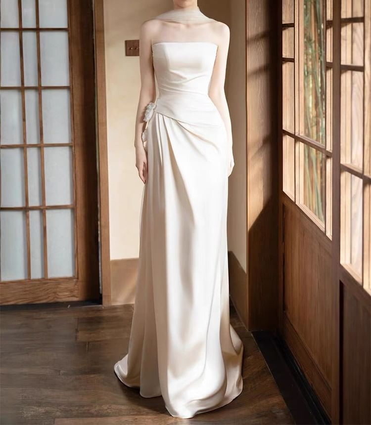 Strapless Floral Shirred Asymmetrical A-Line Wedding Gown