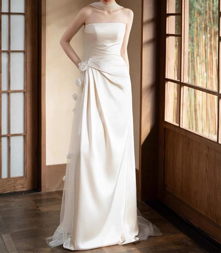 Strapless Floral Shirred Asymmetrical A-Line Wedding Gown