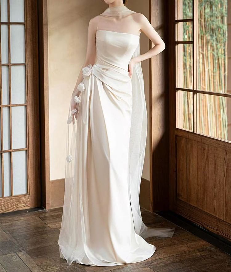 Strapless Floral Shirred Asymmetrical A-Line Wedding Gown