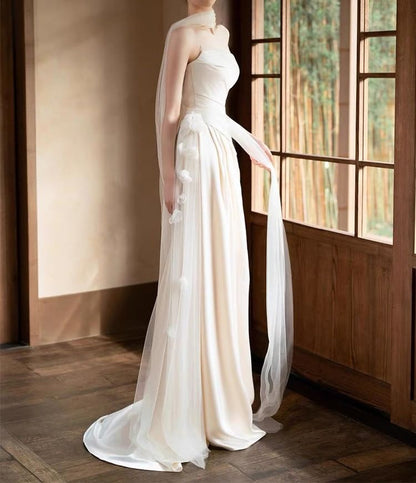 Strapless Floral Shirred Asymmetrical A-Line Wedding Gown