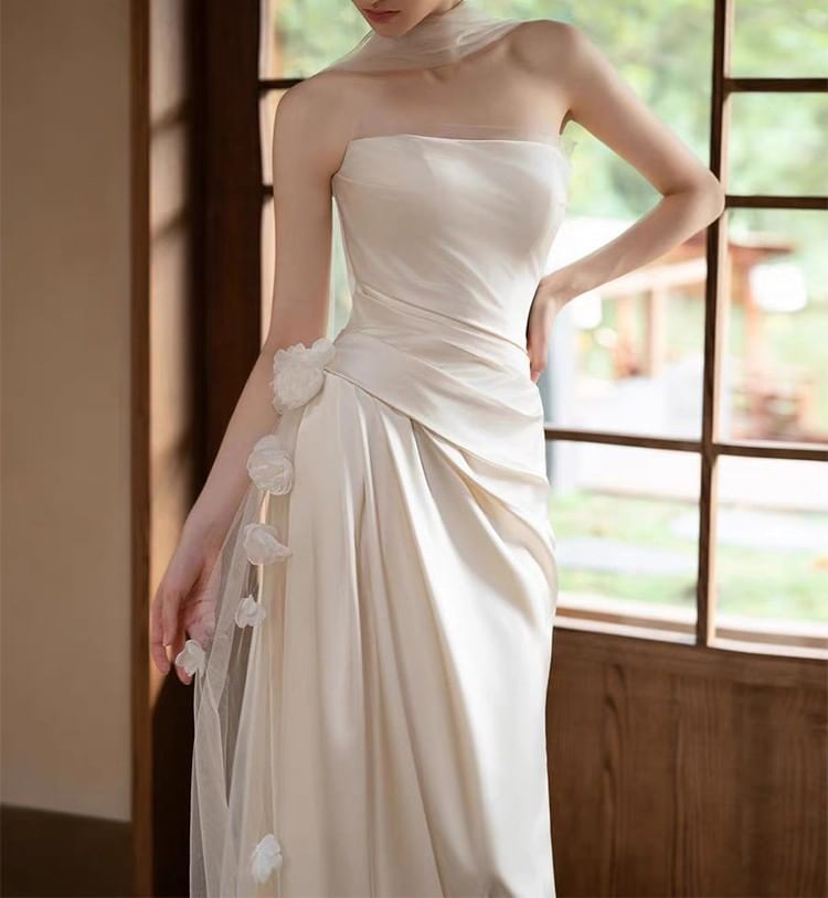 Strapless Floral Shirred Asymmetrical A-Line Wedding Gown
