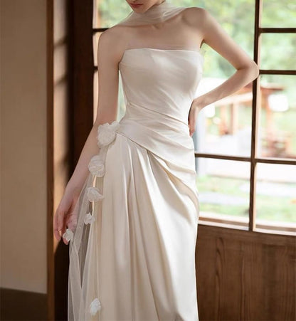 Strapless Floral Shirred Asymmetrical A-Line Wedding Gown