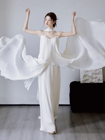 Strapless Ruffle Hem Accordion Pleat A-Line Wedding Gown